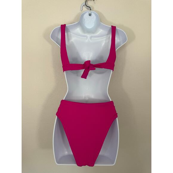BECCA by Rebecca Virtue Hot Pink Ribbed High Waisted Bikini Set Size S - Picture 2 of 5